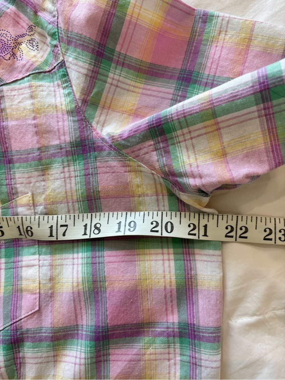 Wrangler Blues Sz L Cotton Plaid Metallic Shirt Pink Pearl Snap Buttons Western - Picture 9 of 10